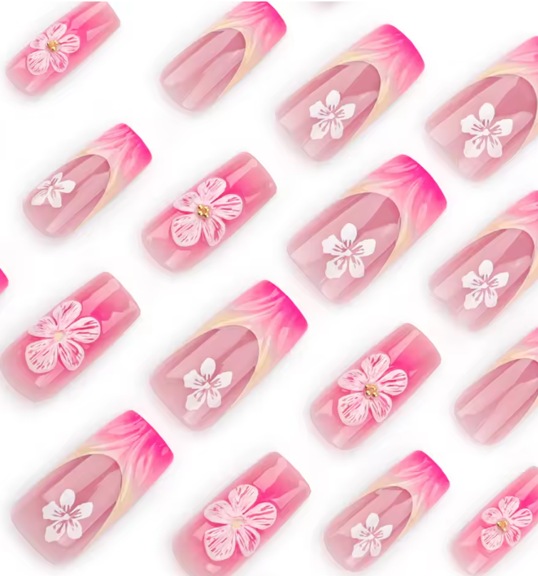 Nail Art Floral Peint à la Main – Élégance Naturelle en 24 Ongles