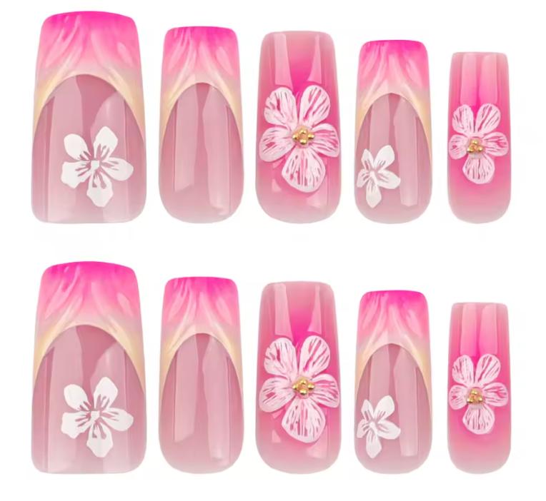 Nail Art Floral Peint à la Main – Élégance Naturelle en 24 Ongles